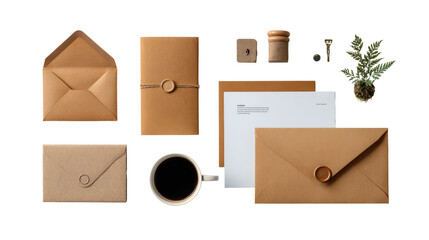 Stationery Setup: A curated collection of elegant stationery items, including envelopes, notebooks, and accompanying elements, set against a clean backdrop.  Perfect for conveying professionalism.