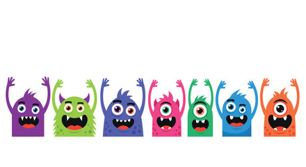 Obraz premium Vibrant lineup of seven cheerful cartoon monsters, each with horns, multiple eyes, and wide smiles, enthusiastically raising their arms in greeting.