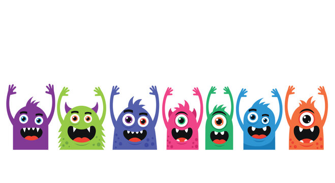 Vibrant lineup of seven cheerful cartoon monsters, each with horns, multiple eyes, and wide smiles, enthusiastically raising their arms in greeting.