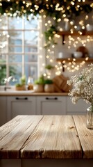 Wooden kitchen countertop in modern bright interior with blurred background