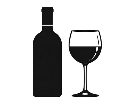 Silhouetted illustration of a wine bottle and a filled wine glass set against a stark, black background