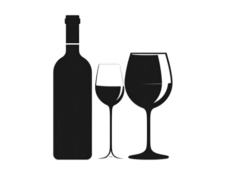 Silhouetted illustration of a bottle and two wine glasses against a black background