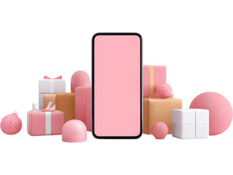 Smartphone mockup with pink background and 3D gifts isolated on white background, ideal for digital marketing and festive promotions. - Powered by Adobe