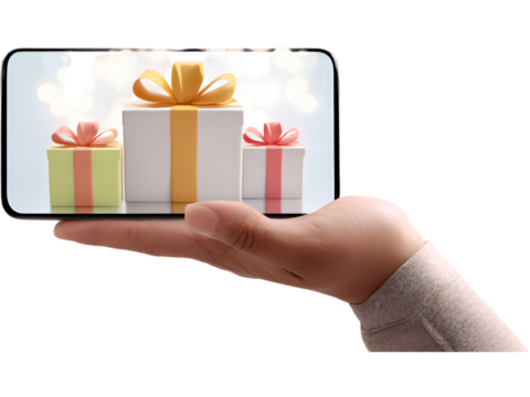 Hand holding smartphone showing stack of colorful gifts isolated on white background, symbolizing festive online shopping and celebration.