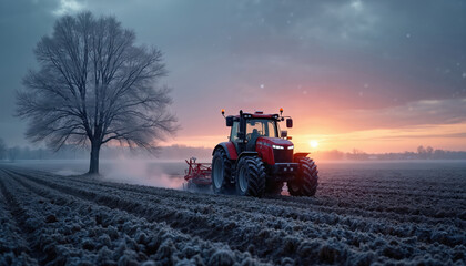 Red tractor plows frosty field at sunrise winter morning. Agricultural machine prepares land for new season beneath bare tree. Rural work continues despite cold weather.