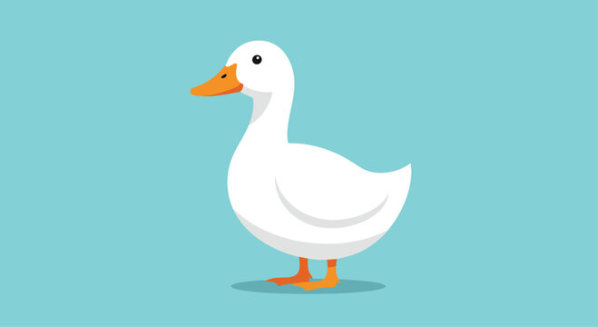 Quaint white duck with an orange bill and feet, standing peacefully and looking to the side, set against a serene light blue background, embodying calm and simplicity.