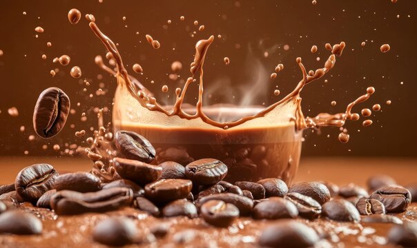 Coffee beans and liquid splash captured in a dynamic scene with rich brown tones and detailed motion effects