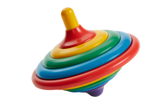 Vibrant, colorful spinning top toy isolated against a black backdrop, perfect for playful design, childhood concepts, and creative projects