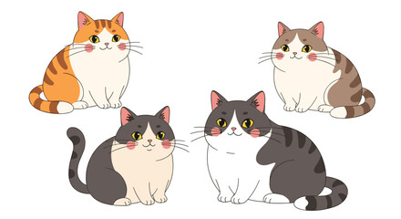 Obraz premium Charming collection of four plump cartoon cats, each featuring unique fur patterns like orange tabby and grey tabby, sitting gracefully and looking adorable.