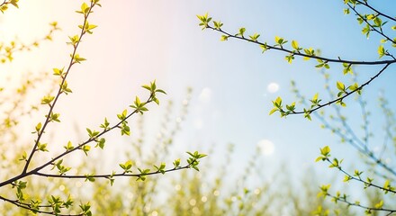 a composition of short and long spring branches scattered naturally, leaving tranquil empty space, tender young green leaves