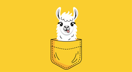 Obraz premium Playful white llama with fluffy ears and a cheeky tongue playfully peeking out of a vibrant yellow pocket, creating a whimsical and charming animal illustration.