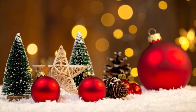 Christmas Decorations on Snowy Surface with Warm Bokeh Background - Powered by Adobe