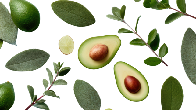 Avocado Composition: An artful arrangement of vibrant green avocados and fresh leaves creates a visually appealing and healthy composition.