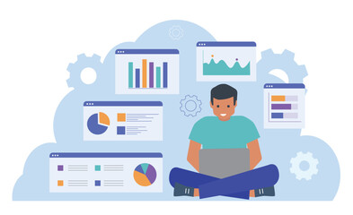 Man with laptop working with data statistics, charts and graphs while concentrating on complex digital work
