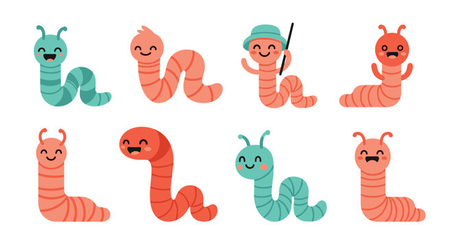 Diverse collection of eight cheerful cartoon worms in a spectrum of colors and playful poses, some adorned with hats or sticks, perfect for engaging children's stories.
