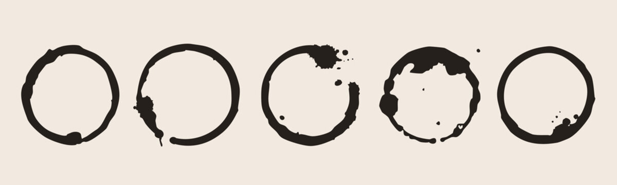 Mug bottom round marks. Coffee cup stains, wet stamp. Spilled liquid circle stain, print set. Hand drawn trendy Vector illustration. Isolated design elements