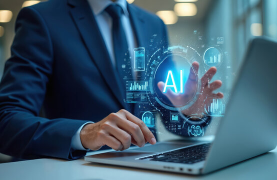Man in suit interacts with AI interface showing data charts and graphs on screen. Person uses digital system for business analysis insights. Future tech work with smart automation.