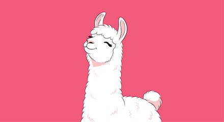 Obraz premium Radiant fluffy white llama with a serene and contented expression, gazing upward with closed eyes, against a vibrant pink background, evoking peacefulness and joy.