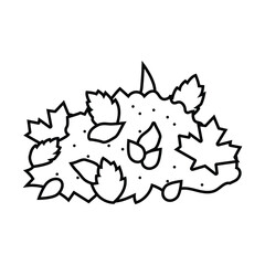 Outlined illustration of leaves and a bush Some leaves are separate some are on the bush and a single point juts upwards Small dots scattered across