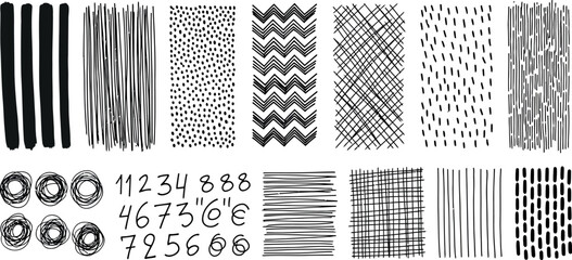 Collection of abstract black and white graphic patterns and textures with stripes dots and scribbles