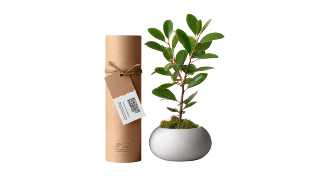 Gifted Green: A potted plant, a symbol of growth and appreciation, elegantly presented alongside a sustainable, recyclable gift tube. Capturing the essence of thoughtful giving.