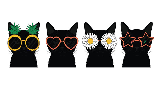 Stylish quartet of black cats modeling diverse novelty sunglasses, including pineapple, heart, daisy, and star shapes, perfect for summer fun and playful animal fashion.
