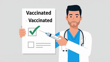 Doctor holding a syringe and a Vaccinated checklist, promoting vaccination and health awareness.