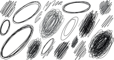 Collection of hand drawn sketchy oval shapes and scribbled textures on a white background