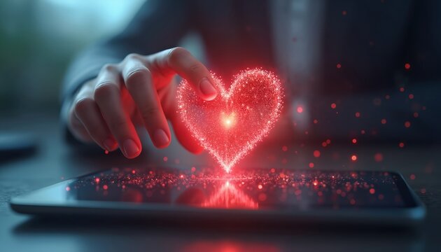 Human hand interacts with vibrant glowing red heart symbol on sleek digital tablet screen. Virtual heart represents online love, connection, social media likes. Image illustrates modern digital