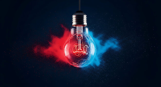Light bulb exploding with red and blue smoke on a dark background - Powered by Adobe