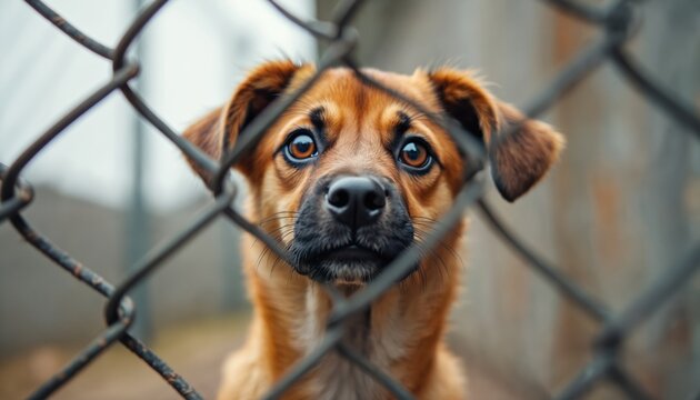 Sad dog looks through chain link fence of animal shelter kennel. Puppy waits for adoption, longing for home, showing expressive sad eyes and hoping for rescue. - Powered by Adobe