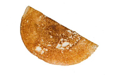 A golden-brown, crispy dosa, a classic Indian savory crepe, is presented folded and isolated on a pure white background.