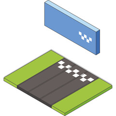 Isometric Taxi Signage Element With Checkered Pattern On Dark Road Surrounded By Green Land On White Background With Blue Sky Overhead