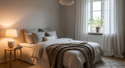 cozy hotel bedroom interior with comfortable bed and soft lighting