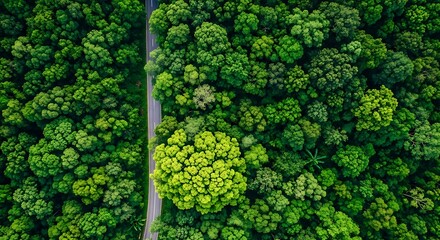 Aerial view of winding road through dense green forest canopy