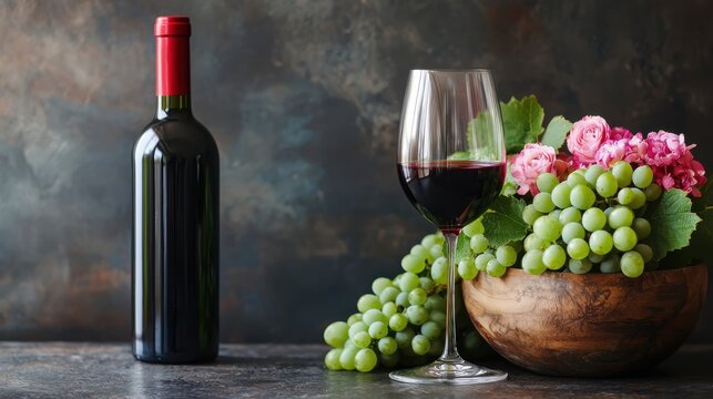 Elegant wine bottle with glass beside fresh green grapes and colorful flowers in a rustic setting for a cozy dining experience or celebration moments - Powered by Adobe
