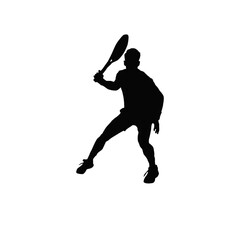 Silhouette of a male tennis player in action hitting a forehand stroke on a white background