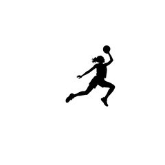 Silhouette of a female basketball player in mid air jumping to shoot the ball