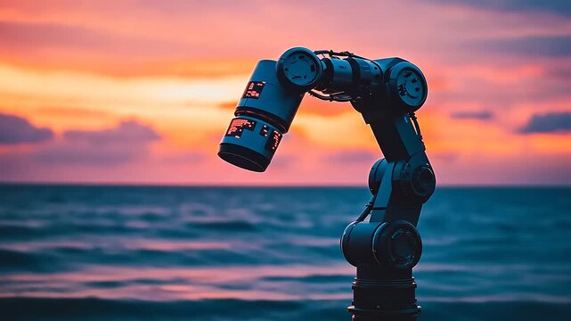 Futuristic Robot Arm Silhouette at Ocean Sunset: Technology Meets Tranquility