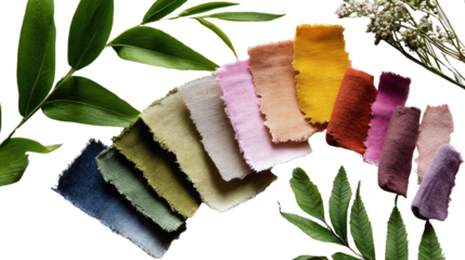 Color Palette of Fabric with Leaves: A visually stunning display of fabric swatches in an array of earthy and vibrant hues, complemented by the delicate presence of fresh leaves.