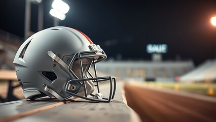 American football helmet resting on bench with dramatic stadium lighting in the background.