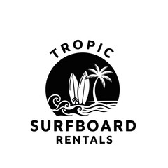 Tropic Surfboard Rentals logo with palm tree and waves.
