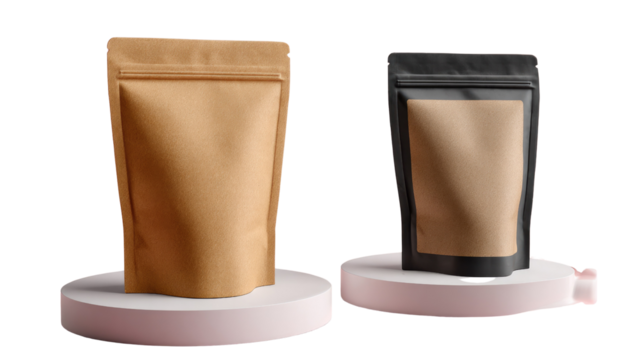Elegant Packaging: Close-up of two stand-up pouches, one in a natural brown hue and the other in a sleek black, set against a subtle minimalist background