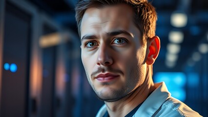 A technical specialist focuses intently with soft blue server room lighting.