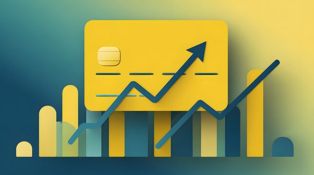 Stylized yellow plastic payment card overlays an upward trending line graph and bar chart
