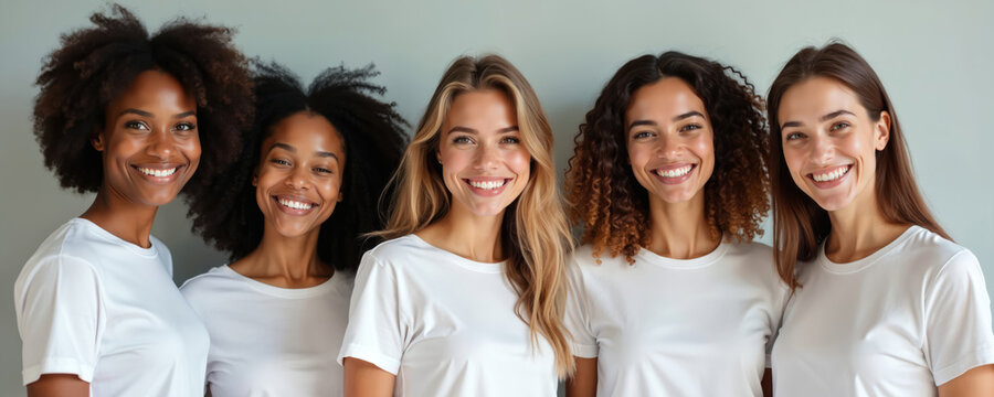 Diverse group of women with different ethnicities, ages smile together in white tshirts. Represent unity, friendship, celebrating female empowerment, individuality in modern studio setting with ample