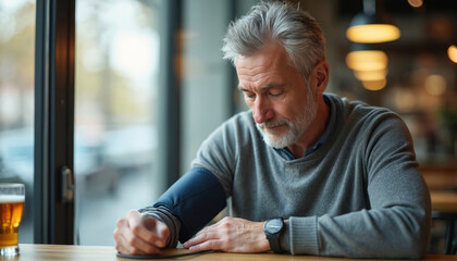 Mature man with grey hair measures blood pressure at a table in a cafe or restaurant. He is relaxed, wearing a grey sweater and a smartwatch. A glass of beer is on the table.