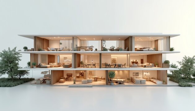 Modern house cross section shows contemporary architecture. Minimalist building design wooden elements. Interior light airy. House several floors, with different living spaces. Trees outside add