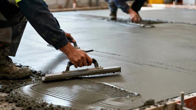 Smooth concrete slab being spread and leveled by artisans using trowels showcasing precision and craftsmanship for flawless surface finish.