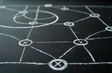 Soccer strategy chalk drawing on blackboard. Football game tactic scheme explains play design. Chalkboard shows plan for sport team players game activity and actions on pitch.